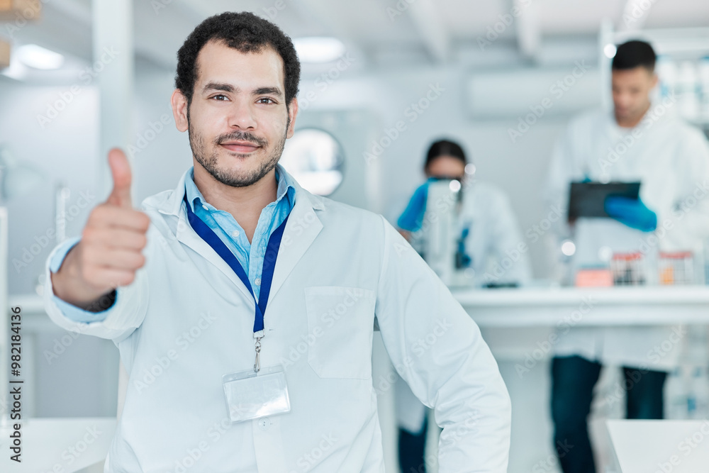Portrait, science and man with thumbs up, research and support for biotechnology, emoji or icon. Face, person or scientist with hand gesture, symbol for like or promotion for vaccine or chemistry lab Portrait, science and man with thumbs up, research and support for biotechnology, emoji or icon. Face, person or scientist with hand gesture, symbol for like or promotion for vaccine or chemistry lab