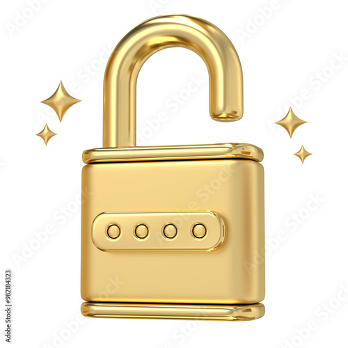 Obraz na płótnie Golden Unlocked Padlock, A gleaming symbol of access and security, this 3D rendering of an unlocked padlock shimmers with potential w salonie