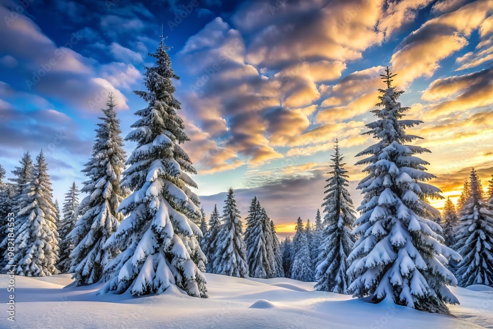 Obraz premium Snowy evergreen trees rise majestically against a tranquil winter sky, their branches etched in frosty silence.