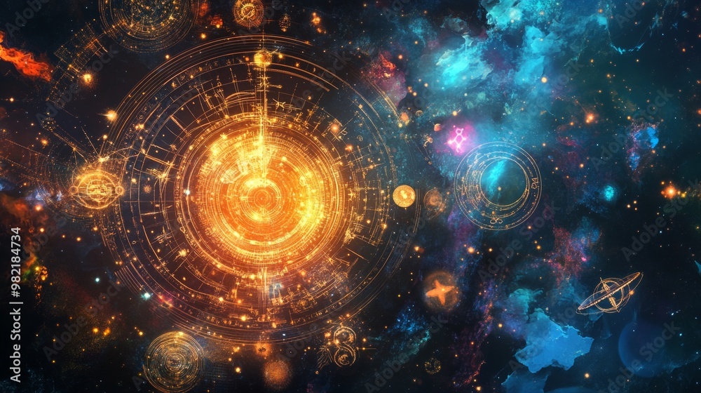 Obraz premium Vibrant digital collage showcasing popular astrology symbols and celestial elements in a cosmic backdrop
