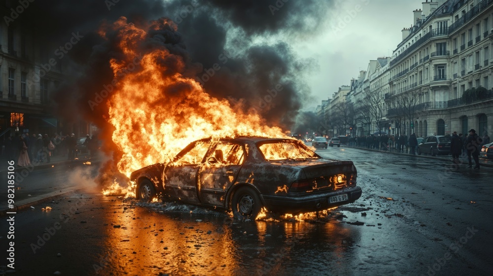 One day, a car catches fire in the city Paris One day, a car catches fire in the city Paris