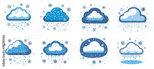 Collection of clouds with snowflake falling with rain flat illustration vector