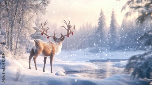 A majestic deer stands in a serene winter landscape, surrounded by snow and trees, creating a peaceful and enchanting atmosphere.