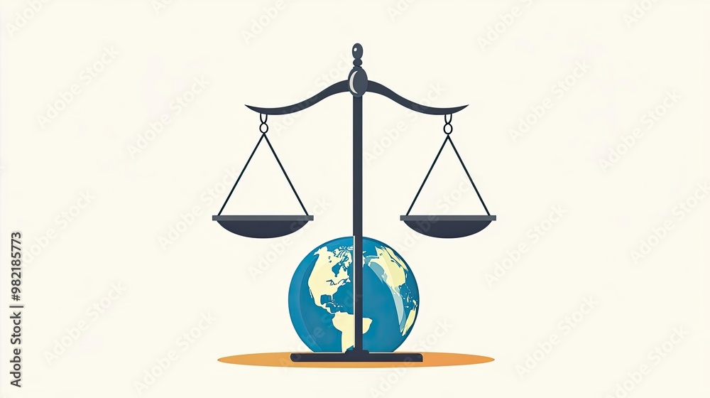 Symbol of justice with scales over a globe, representing equality, fairness, and the legal system in a global context.