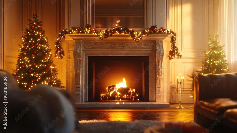Cozy holiday scene with decorated Christmas trees and a warm fireplace glowing in a bright living room. Cozy holiday scene with decorated Christmas trees and a warm fireplace glowing in a bright living room.