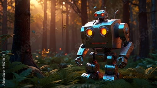 "Deep dive into an unparalleled cinematic experience as a charming metallic robot discovers a mystical woodland at dusk. This robot's blazing eyes and brilliant reddish-orange color make it a visual t