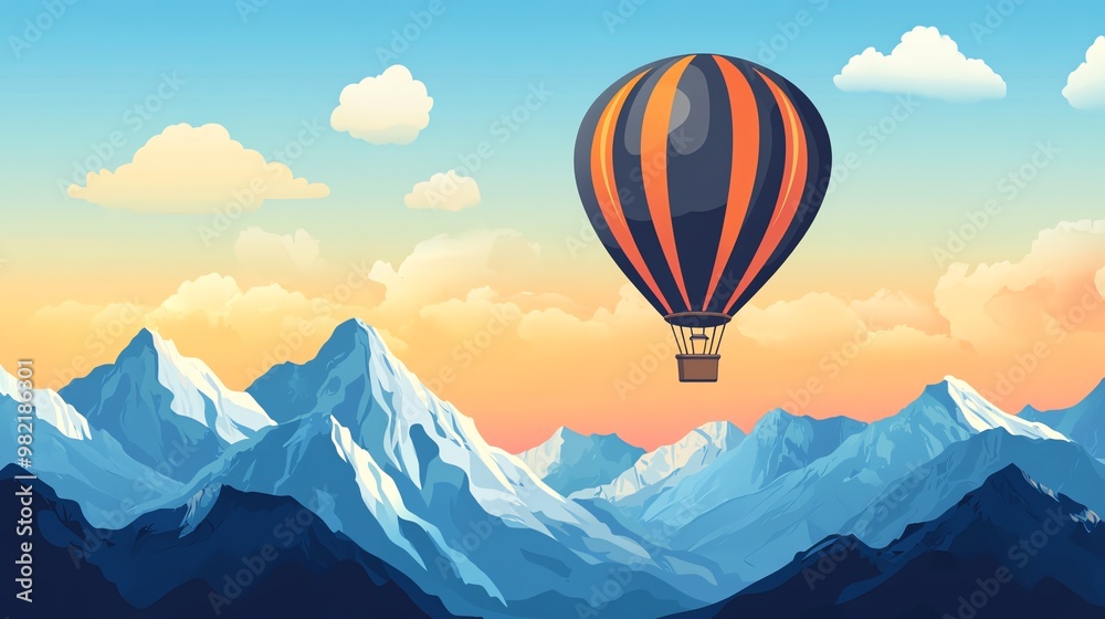 A hot air balloon flies over snowy mountains at sunset. A hot air balloon flies over snowy mountains at sunset.