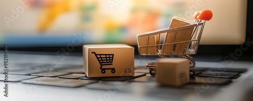 A close-up of a shopping cart next to cardboard boxes on a laptop keyboard, illustrating online shopping and e-commerce concepts. photo