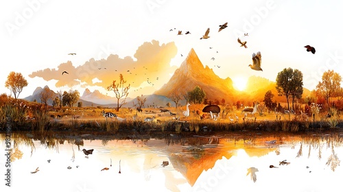Serene Sunset Landscape with Wildlife and Reflection