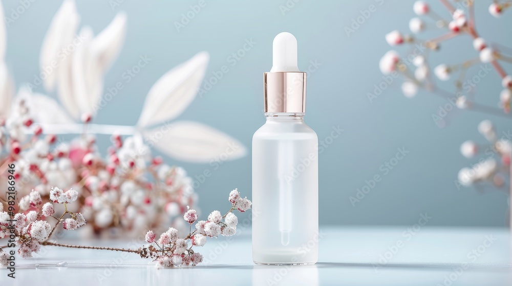 A sophisticated and elegant packaging design for a bottle of face oil. The packaging features a frosted glass bottle with a metallic cap and a delicate floral design. A sophisticated and elegant packaging design for a bottle of face oil. The packaging features a frosted glass bottle with a metallic cap and a delicate floral design.