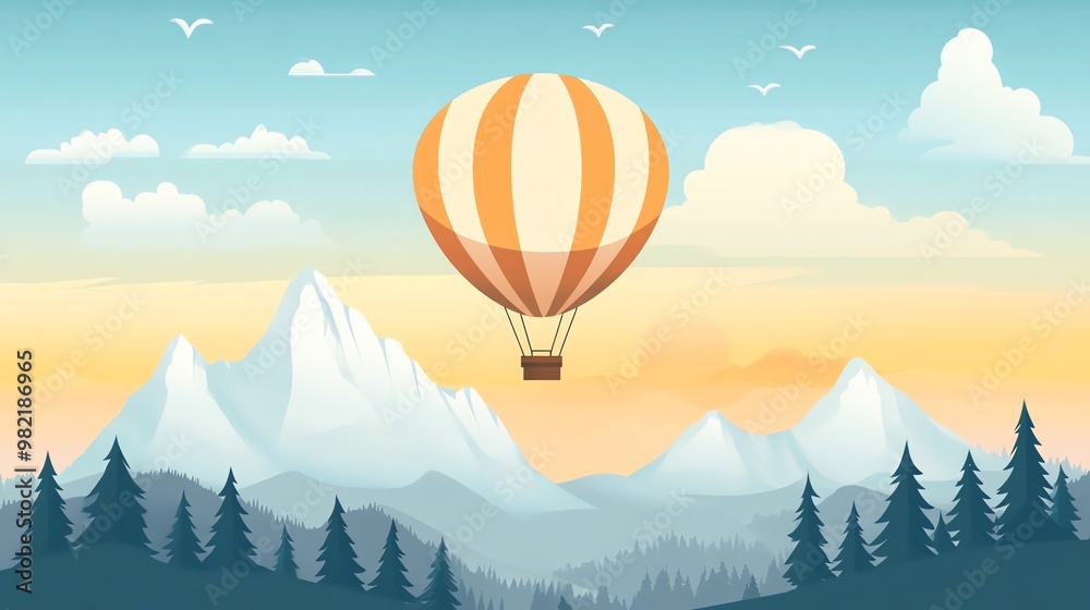A hot air balloon flies over a mountain range at sunset. A hot air balloon flies over a mountain range at sunset.
