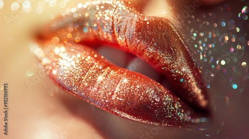 Close-up of woman’s sparkling glossy lips with shimmering glitter, perfect for beauty and makeup concepts, cosmetic product promotions, and glamorous fashion photography photo