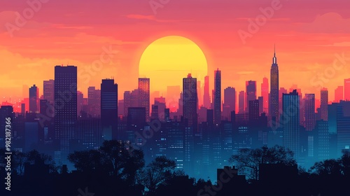 Silhouette of a city skyline with large yellow sun setting over a pink and orange sky.