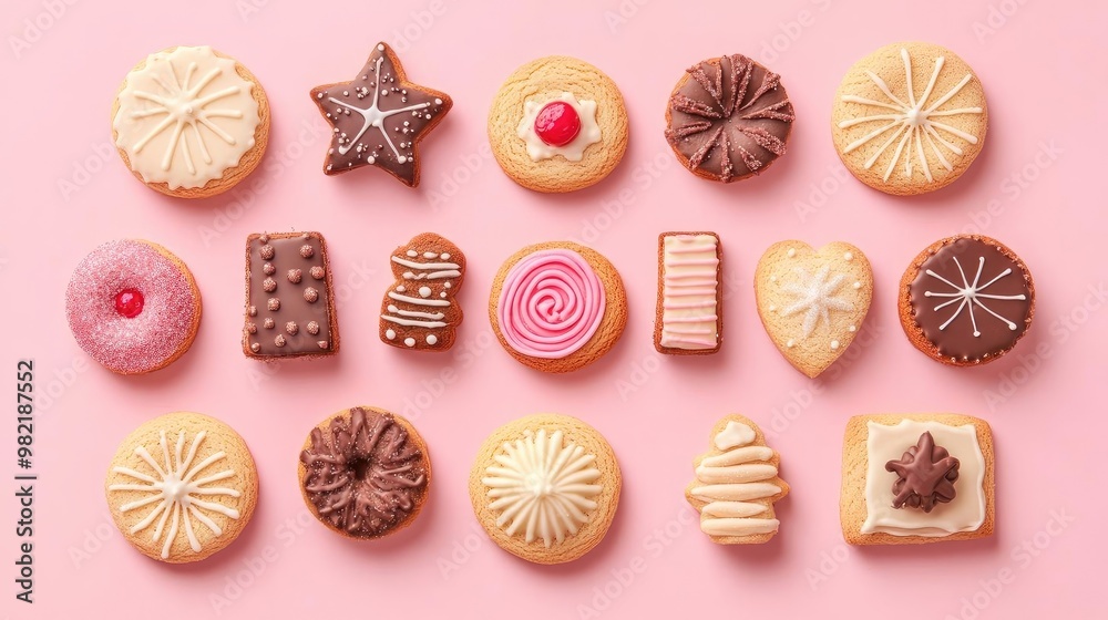 Assorted cookies beautifully arranged on a pink background, ideal for dessert lovers and baking enthusiasts.