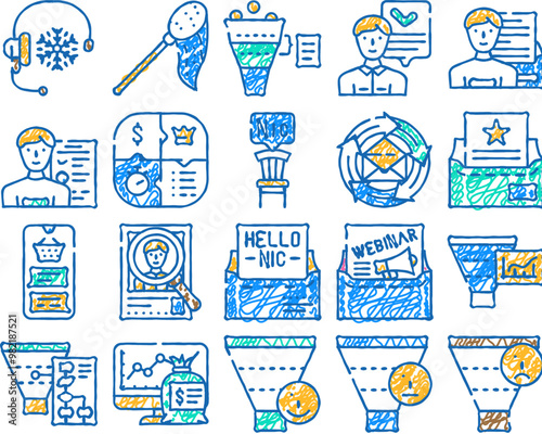 lead generation customer business doodle icons set vector. sketch line art funnel marketing, digital inbound conversion, client magnet strategy, website sales generation business color illustrations
