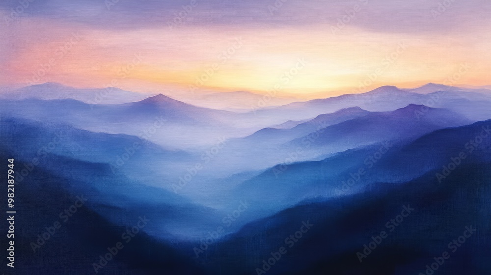 Obraz premium A Silhouetted Mountain Range at Sunrise Over a Hazy Valley