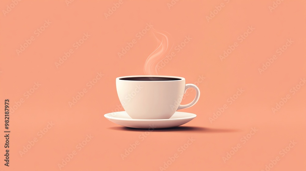 A steaming cup of coffee on a saucer against a light orange background. A steaming cup of coffee on a saucer against a light orange background.