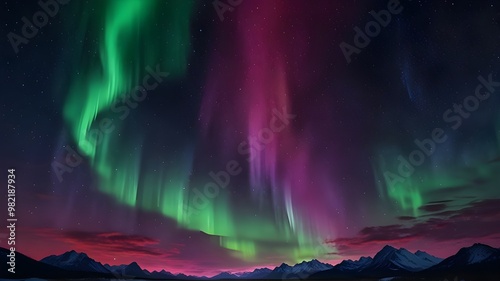 Magical Sky with Aurora and Stars. Magenta Northern Lights Background with copy-space. Generative AI