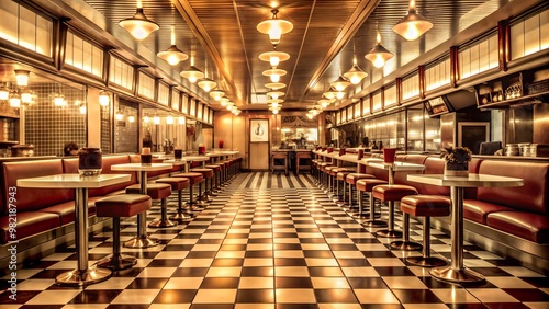 Retro Diner Interior With Checkered Floor And Red Vinyl Booths photo