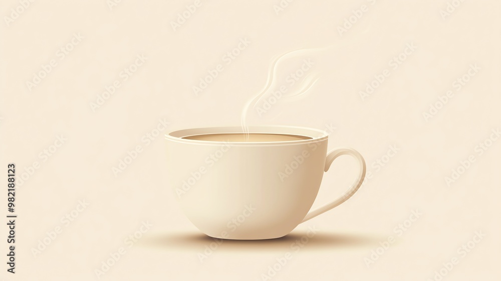 A steaming cup of coffee on a beige background.