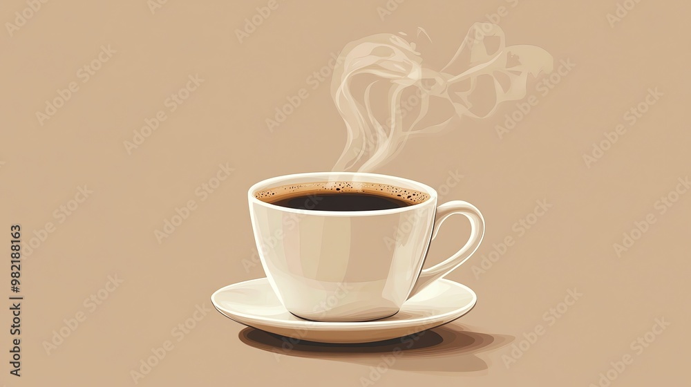 Obraz premium A simple, white cup of coffee with steam rising over a beige background.