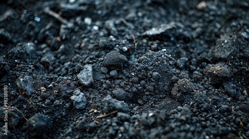 Close-up shot of black, rough soil. This image is perfect for illustrating the texture and appearance of dirt. photo