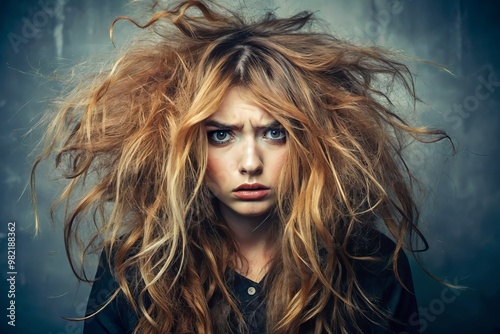 Tangled locks with choppy layers and split ends frame a neglected hairstyle with a forlorn, abandoned air, whispering photo