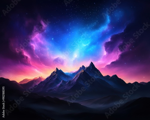 A breathtaking mountain landscape under a colorful starry sky, showcasing vibrant hues of purple, blue, and pink at dusk.