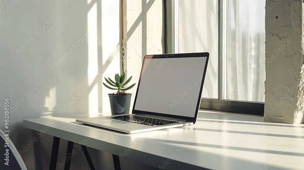 Modern Home Office with Laptop and Potted Plant by Sunlit Window for Remote Work and Productivity Modern Home Office with Laptop and Potted Plant by Sunlit Window for Remote Work and Productivity