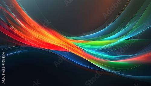 Dynamic abstract design with dark background and subtle gradient in red, orange, green, blue conveying motion, quality, and innovation