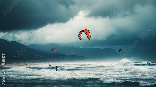 Three Kiteboarders Soar Over Waves Under a Cloudy Sky photo