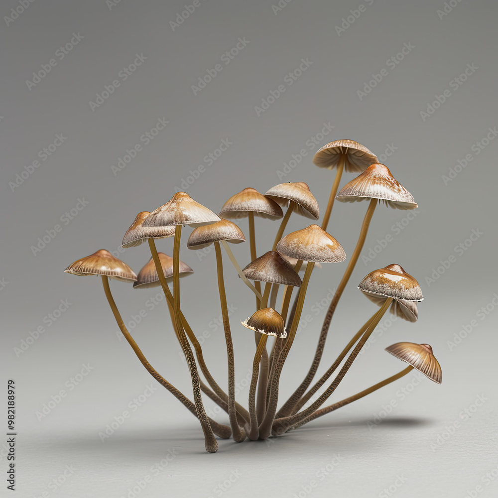 Low-Angle Lighting on Psilocybe Mushrooms with Brown Caps and Delicate Stems, Isolated on Gray