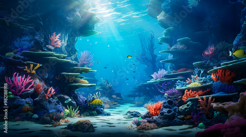 Fototapeta Naklejka Na Ścianę i Meble -  underwater coral reef landscape in the deep blue ocean with colorful fish and marine life background wallpaper	