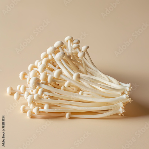 Minimalist Enoki Mushrooms: White Stems and Caps in Side Lighting with Soft Shadows photo