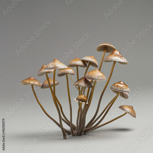 Low-Angle Lighting on Psilocybe Mushrooms with Brown Caps and Delicate Stems, Isolated on Gray photo