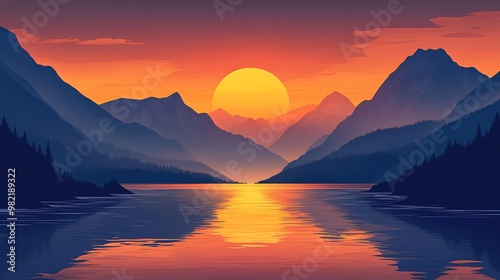 A digital illustration of a mountain lake at sunset.