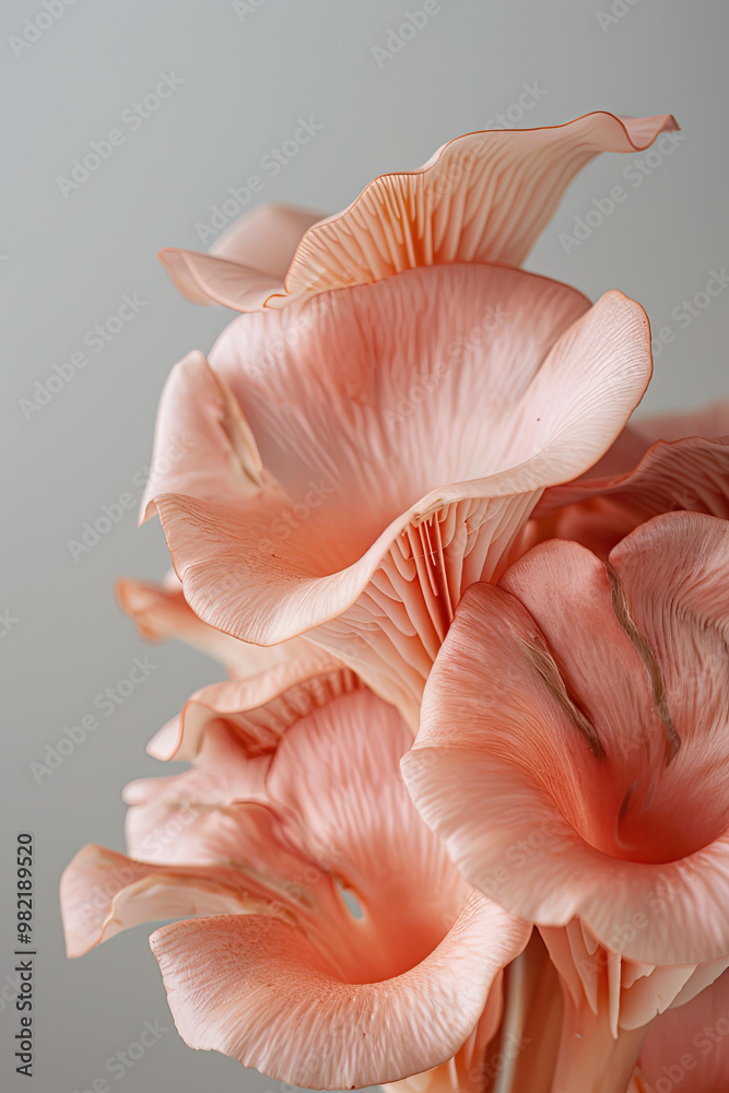 Subtle Pink Oyster Mushroom in Soft Natural Lighting on a Clean Light Gray Backdrop