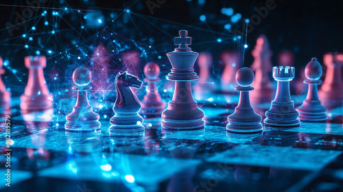 Abstract digital chess board with holographic figures and a blue glow, representing the concept of AI in business strategy or global trade.
