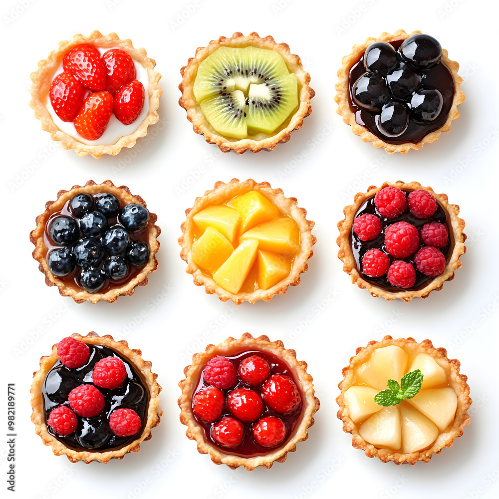 Delight in this vibrant selection of mini tarts, each topped with fresh fruits like strawberries, kiwi, and blueberries, showcasing colorful array of flavors and textures Delight in this vibrant selection of mini tarts, each topped with fresh fruits like strawberries, kiwi, and blueberries, showcasing colorful array of flavors and textures