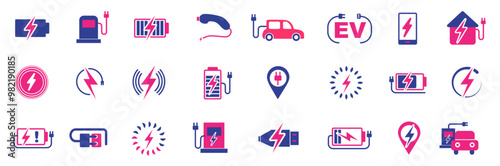 EV charging stations. Charging icon collection. two color. Vector illustration. Containing wireless charging, Battery charge level icons.charging station,  electric car, lighting, electric socket, ev