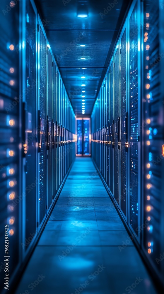 A narrow corridor lined with server racks illuminated by blue light in a data center. A narrow corridor lined with server racks illuminated by blue light in a data center.