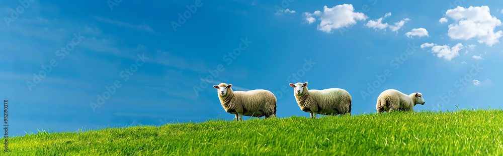 Naklejka premium Sheep on grassy hill, panoramic banner with copy space area