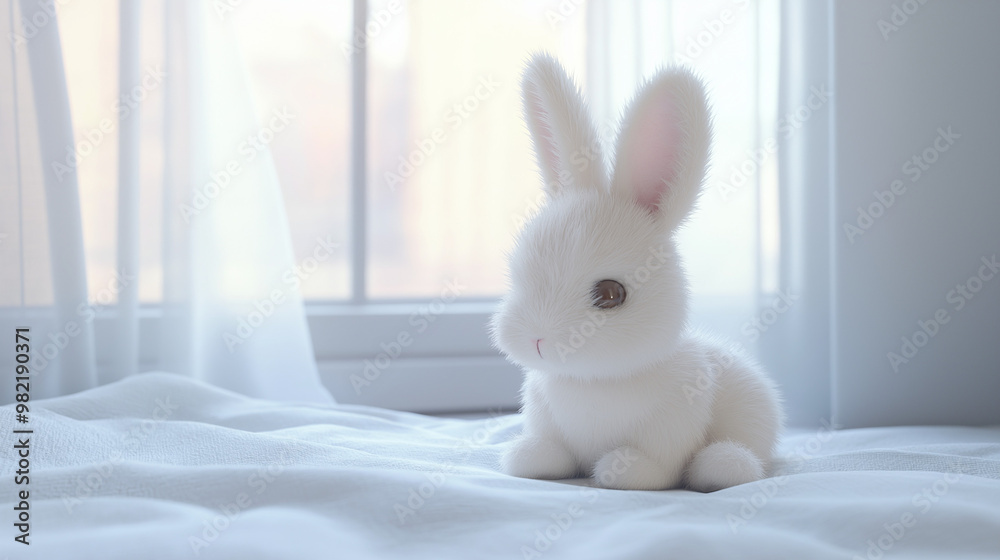 Obraz premium Soft Plush Bunny on White Bed, Serene Morning Light