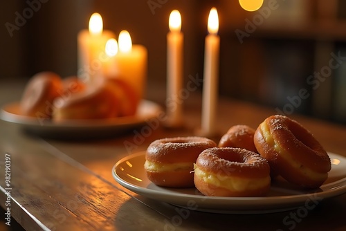 Simple Hanukkah meal featuring donuts and lit candles for a warm and festive atmosphere photo