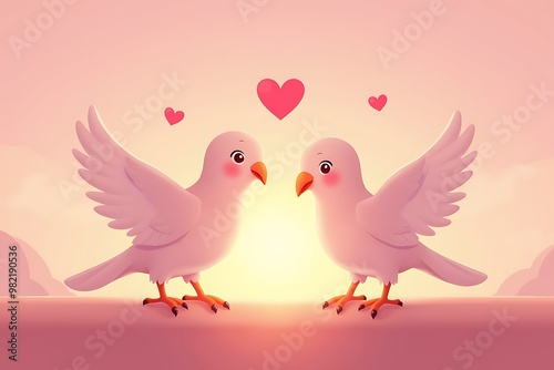 Loving doves celebrating Valentine's Day with hearts in soft pastel background, romantic mood