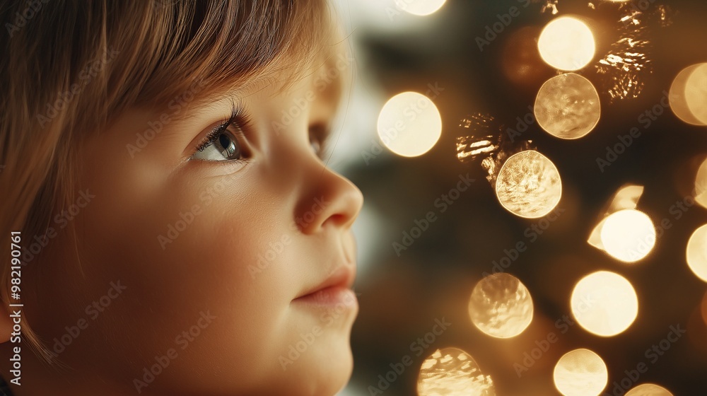 Naklejka premium Christmas Wonder: A young child gazes in awe at the twinkling lights of a Christmas tree, eyes filled with the magic of the season. 
