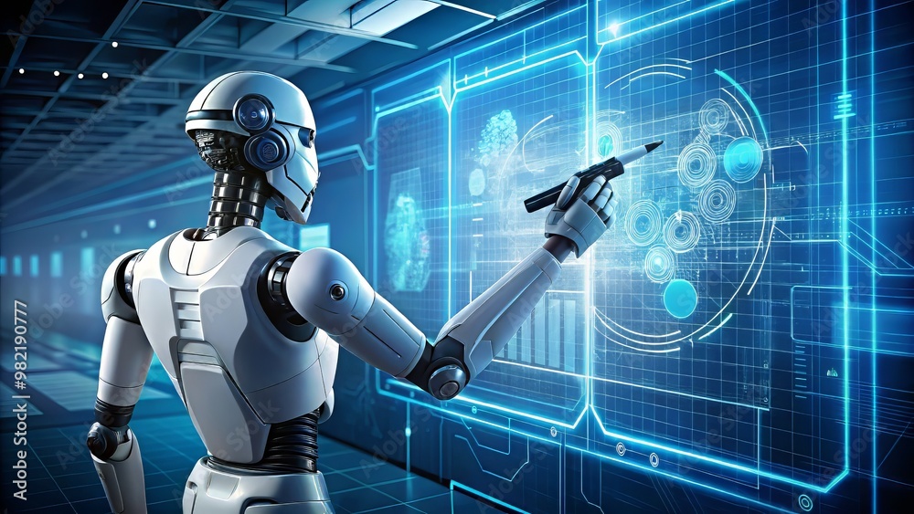 The futuristic robot swiftly manipulates the digital pen on its mechanical arm, effortlessly creating intricate