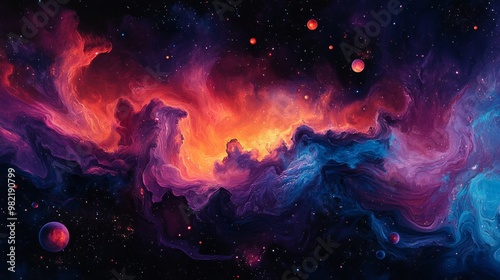 Cosmic Nebula with Planets and Stars