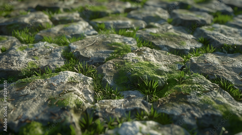 Green Moss and Grass on Weathered Stone Path - Illustration of Natural Ground Texture Green Moss and Grass on Weathered Stone Path - Illustration of Natural Ground Texture