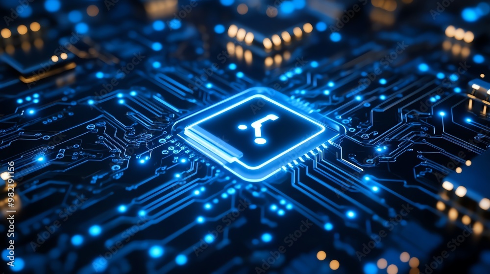 A question mark symbol is illuminated on a futuristic circuit board with glowing blue lines. A question mark symbol is illuminated on a futuristic circuit board with glowing blue lines.
